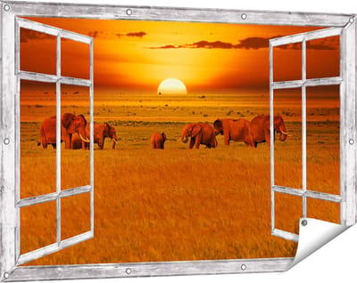 Gards Tuinposter Doorkijk Olifanten in het Wild - Zonsondergang - 120x80 cm - Tuindoek - Tuindecoratie - Wanddecoratie buiten - Tuinschilderij