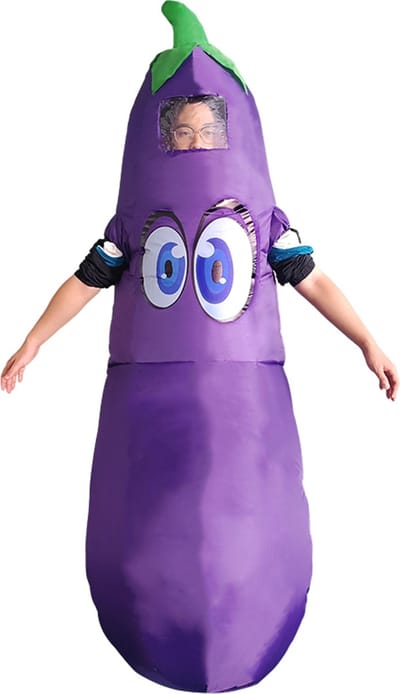 KIMU® Opblaas Kostuum Aubergine Pak - Opblaasbaar Pak - Auberginepak Mascotte Opblaaspak - Opblaasbare Piemel Emoji Penis Vrijgezellendag Volwassenen Festival