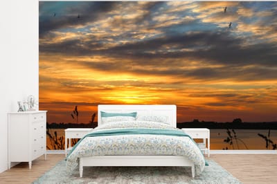 Behang - Fotobehang Zonsondergang - Zee - Horizon - Lucht - Planten - Breedte 320 cm x hoogte 240 cm