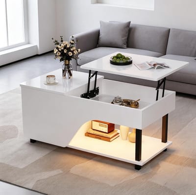 FloraGrace Salontafel - Hoogteverstelbaar Met Verborgen Opbergruimte En Led - Voor Woonkamer - Spaanplaat En Metaal - 50x100x46 Cm - Wit