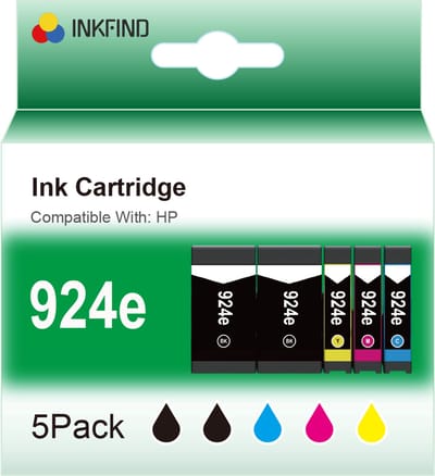 INKFIND 924e Zwart/Zwart/Cyaan/Magenta/Geel (Evomore) inktcartridge compatibel met HP 924 924e 4K0V0NE 4K0U7NE 4K0U8NE 4K0U9NE 6C3Z1NE 4K0U3NE 4K0U4NE 4K0U5NE 4K0U6NE geschikt voor HP OfficeJet Pro 8120 8130 - 5 Pack -Zwart/Zwart/Cyaan/Magenta/Geel