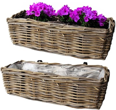 Van der Leeden Balkonmand - 2x - rotan gevlochten - 46 x 19 x 15 cm - bloemen/planten mand - schuttingmand - hangmand - plantenpot - bloempot