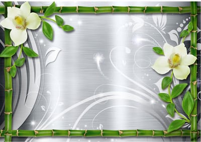 Fotobehangkoning - Behang - Vliesbehang - Fotobehang - Bamboo and two orchids - Bamboe - Orchidee - 400 x 280 cm