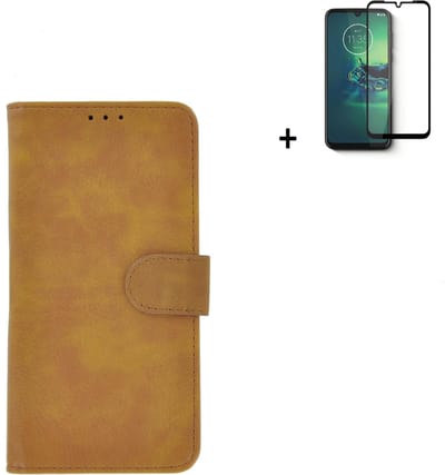 Hoesje Geschikt voor Motorola Moto G50 - Full Screenprotector Motorola Moto G50 - Bookcase Wallet Bruin Cover + Full Tempered Glass