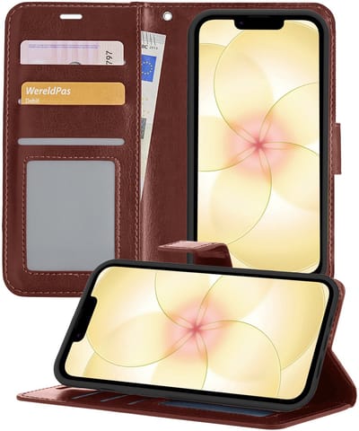 Hoesje - Met Pasjeshouder - Geschikt voor Apple iPhone 17e - Luxe Bookcase Portemonee - Flip Case - Kunstleer Book Case - Flipcase - Book Cover - Walletcase - Portemonneehoes - Telefoonhoesjes - Bruin
