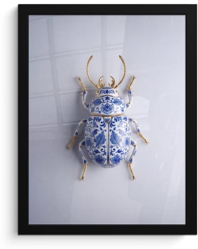 Poster in lijst - Fotolijst 30x40 cm - Posters - Kever - Delfts - Blauw - Goud - Posterlijst zwart - Decoratie - Wanddecoratie woonkamer - Muurdecoratie slaapkamer