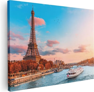 Artaza Canvas Schilderij Eiffeltoren - 80x60 cm - Wanddecoratie Parijs - Muurdecoratie Zonsondergang - Schilderijen Op Canvas Skyline