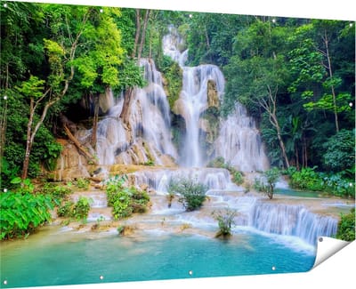 Gards Tuinposter Waterval in het Tropische Natuur - 180x120 cm - Tuindoek - Tuindecoratie - Wanddecoratie buiten - Tuinschilderij