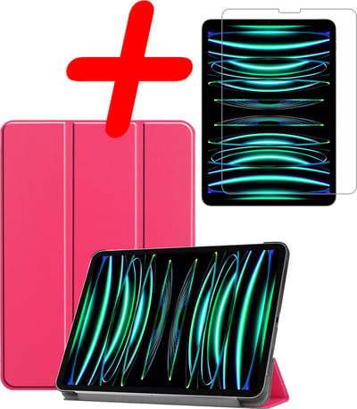 Hoesje Geschikt voor Apple iPad Pro (2022) - 11 inch - 4e generatie - Met Screenprotector - Trifold Bookcase - Hard Cover - Hardcover Book Case - Tablet Hoes - Donkerroze