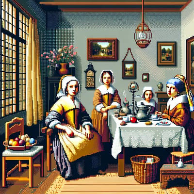 Pixel art vermeer schilderij | Digi-Vermeer: Een moderne interpretatie van klassieke Pixel Art | Kunst - 40x40 centimeter op Canvas | Foto op Canvas