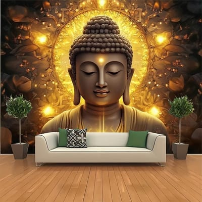 Gouden Boeddha Wandkleed, Meditatie Zen Kunst Decoratie, Spirituele Halo Achtergrond Voor Woonkamer Slaapkamer (as the picture,70x100cm28x39in) brown