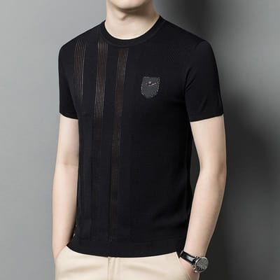 Zomer Nieuw Losse Casual Heren Gestreept Geborduurd Jong en Middelbare Leeftijd Heren T-shirt met Korte Mouwen Onderhemd XXXXL black