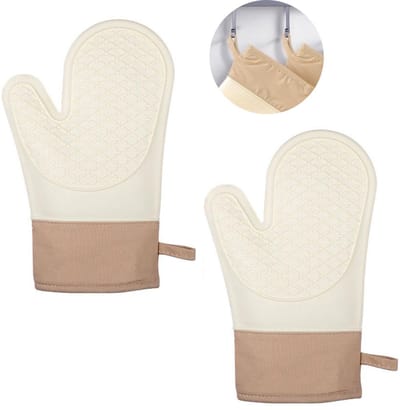 Ovenwanten - 2 stuks - Siliconen Ovenwanten - Hittebestendige Overhandschoenen - Waterdichte - antislip - Hittebestendig tot 300 °C - 18.5x28.5cm - universele pasvorm - voor bakken, barbecueën, koken en grillen - Beige