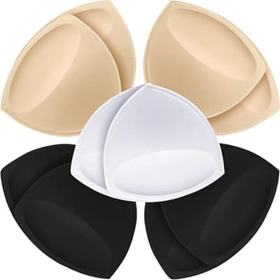 5 paar bh-pads – 3 kleuren – Uitneembare driehoekige pads – 12,5 cm – Variërende dikte (dunner aan de bovenkant/dikker aan de onderkant) – Spons-inzetstukken – Met gestikte rand/wasbaar – Geschikt voor badkleding, sport-bh's en tube-tops