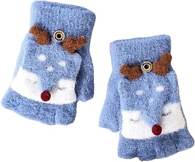 Fijngebreide Winter wantjes - Kinderen Omkeerbare Wanten (2-12 jaar) - Dierenprint - Omslaapbare Top - Blauw