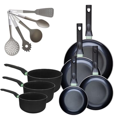 Set van 4 Pannen 16/20/24/28 cm en 3 Kookpotten 16/18/20 cm Fackelmann Brandao met 5 keukengerei