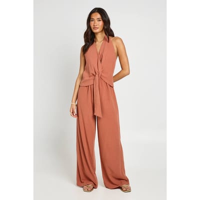 boohoo Dames Halternek Jumpsuit Met Linnen Look, Knoopdetail En Wijde Pijpen | Spice | Maat: 36