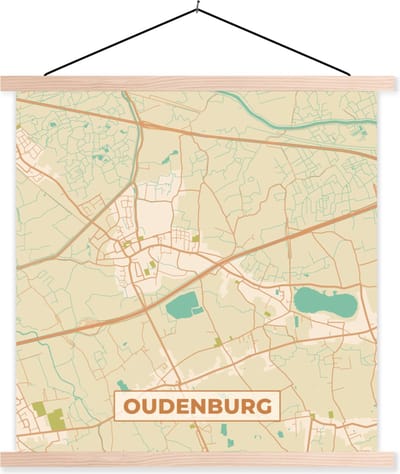 Posterhanger incl. Poster 40x40 cm - Schoolplaat - Plattegrond - Stadskaart - Kaart - Vintage - Oudenburg - Textielposter - Blanke latten - Stadskaart