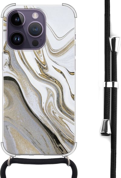 Hoesje met koord - Geschikt voor iPhone 14 Pro Max - Marmer wit goud - Verstelbaar zwart koord - Transparant, Goud, Wit - Marmer - Leuke Telefoonhoesjes