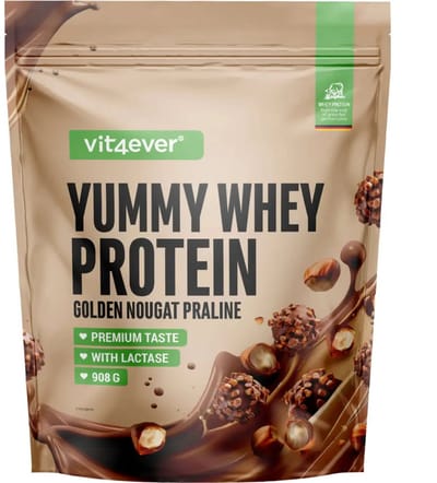 Vit4ever - Yummy Whey - Proteïnepoeder - Golden Nougat Praline - 908 g - Hoog eiwitgehalte - Laag in suiker en vet - Uitstekende oplosbaarheid