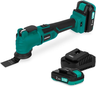 VONROC Accu Multitool 20V - met schraapmes, invalzaagblad, schuurzool en schuurpapier - 6 snel-heden: 7.000 - 19.000 rpm - Incl. 2x 2.0Ah accu en een snellader