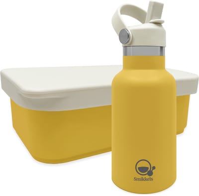Smikkels - RVS Lunchset thermos/siliconen - 304 RVS (18/8) - Lunchbox met siliconen deksel -Thermosfles 350ml - Geel - Schoolset kind