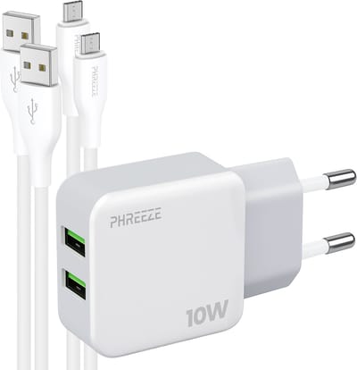 Phreeze usb oplader 10 W - Dubbele usb poorten - Power adapter met 2 usb A naar micro usb kabels 1 m - Voor speaker en headset