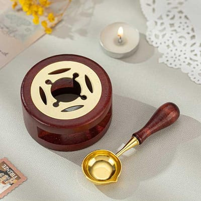 Lakafdichting Complete set van vintage massief houten kachel met lepel oven was smeltpot knutselbenodigdheden doe-het-zelf bruin