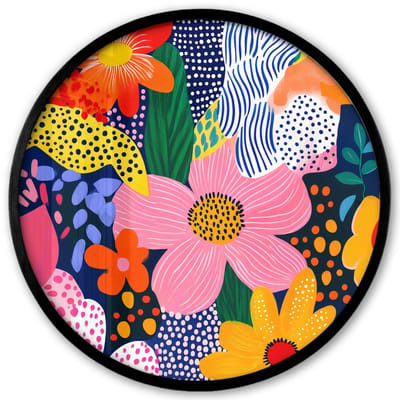 Poster in lijst Rond - Fotolijst 40x40 cm - Posters - Kleurrijk - Bloemen - Abstract - Stippen - Ronde posterlijst zwart - Decoratie - Wanddecoratie woonkamer - Muurdecoratie slaapkamer