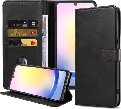 Geschikt voor Samsung Galaxy A25 Telefoonhoesje Kunstleer met Magnetisch lipje en Pasjeshouder Book Case met Klepje - Zwart - Smartphonica geschikt voor Samsung Galaxy A25