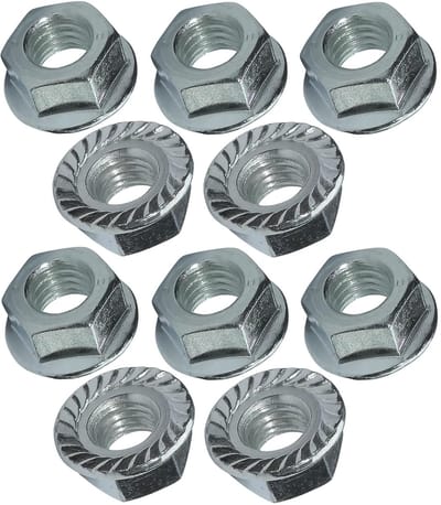 - C49644 - Set van 10 zeskantmoeren met flens en blokkeervertanding borgmoer flensmoer M8 Ø buiten 17mm - van koolstofstaal - zelfborgende veiligheidsmoer