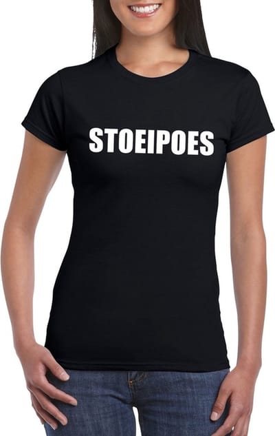 Stoeipoes tekst - t-shirt - zwart - dames - sexy foute party - feestkleding S