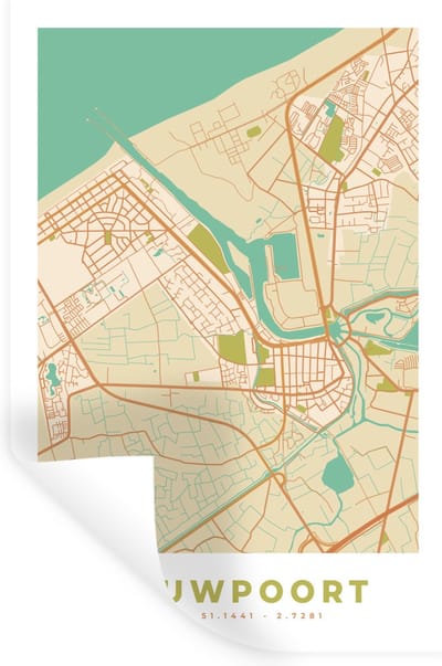 Muurstickers - Sticker Folie - België - Plattegrond - Nieuwpoort - Kaart - Stadskaart - 20x30 cm - Plakfolie - Muurstickers Kinderkamer - Zelfklevend Behang - Zelfklevend behangpapier - Stickerfolie