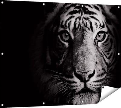 Gards Tuinposter Tijgerkop - Tijger - Zwart Wit - 120x90 cm - Tuindoek - Tuindecoratie - Wanddecoratie buiten - Tuinschilderij