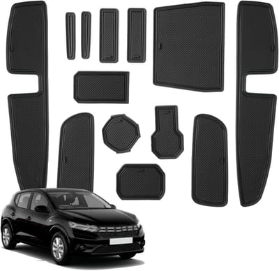 Niet-slipmatten voor Dacia Sandero III en Stepway III (2021-2025) - Rubber mat voor console, bekerhouder en deur, accessoires voor Sandero 3, zwart