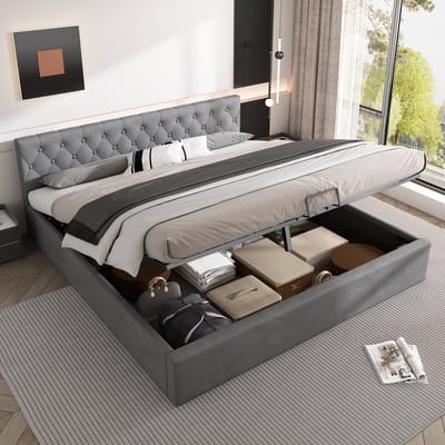 DESMIU Gestoffeerd Bed 180x200 cm – Dubbel Bed Met Geknoopt Hoofdbord – Hydraulisch Hefmechanisme – Verborgen Opbergruimte – Slaapkamer – Fluweel – Grijs – Zonder Matras