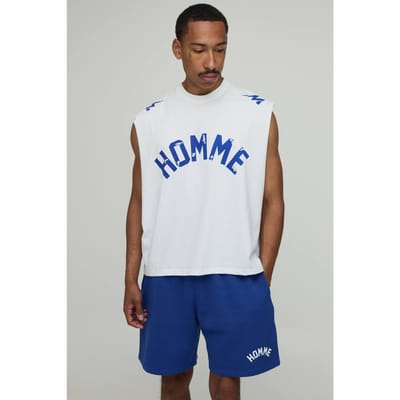Homme Bedrukte Oversized Boxy Tanktop Met Verlaagde Armsgaten & Wijde Short Set | Blue | Size XS