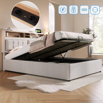 VVBV Gestoffeerd Opbergbed 160x200 cm - USB-C Laadstation, Lades, Opbergruimte, Lattenbodem - Linnen Beige Zonder Matras