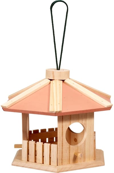Pro Garden Vogel voeder huisje Kiosk - hangend - hout - 26 x 22 cm - beige/roze - vogelhuisje - tuin - voederplank