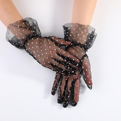 Gants en Tulle Filet Noir Blanc Imprimé Pois Transparent Sexy Printemps Été Fins Courts Gant Club Bal Fête Robe de Danse Gant One Size black
