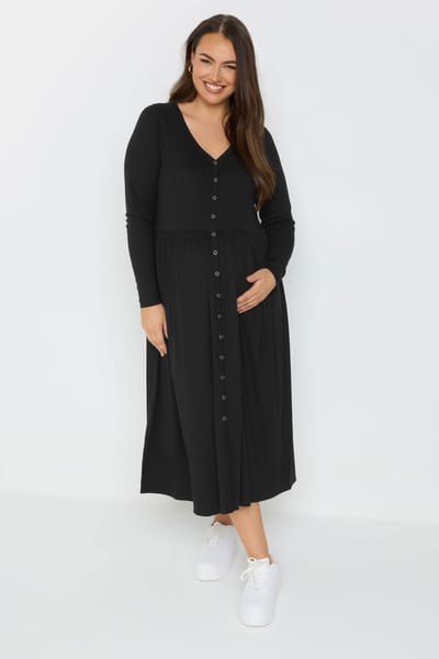 Bump It Up Maternity Geribbelde Premium Midi Jurk Met Knopen In Zwart Size 44