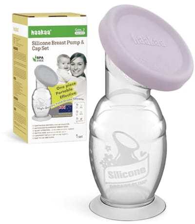 haakaa Manual Silicone Breast Pump with Suction Cup and Lid, One Piece Design – Silent Hands-Free Operation, Natural Suction, Leak-proof, 5oz/150ml, Lavender