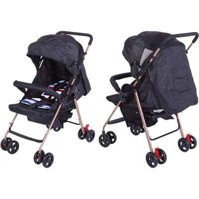 Lichte Opvouwbare Kinderwagen met Schokabsorptie, Hoge Zitting, voor Peuters, met Rugleuning, Zonnekap, Muskietennet, Opbergmand voor Buiten black