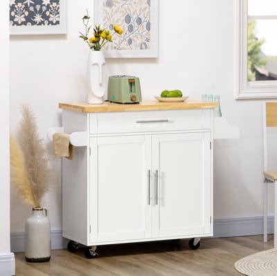 MEUNIQ Keukentrolley met werkblad 109 x 40 x 89 cm, keukenkast op wielen met lade, kast, verstelbare plank, kruidenrek en handdoekhouder voor keuken of eetkamer, wit