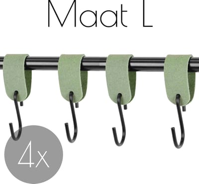 4x Leren S-haak hangers - Handles and more® | SUEDE JADE - maat L (Leren S-haken - S haken - handdoekkaakje - kapstokhaak - ophanghaken)