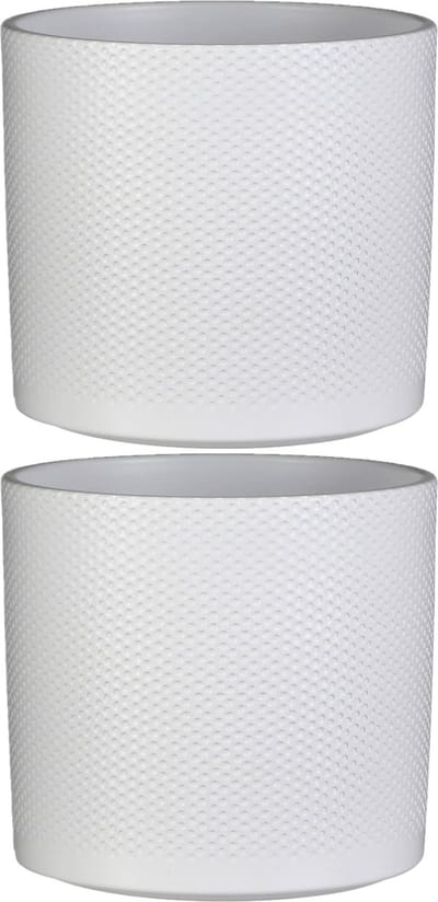 Mica Decorations Plantenpot - 2x stuks - wit - relief - keramiek - 23 x 21 cm - plantenpotten binnen