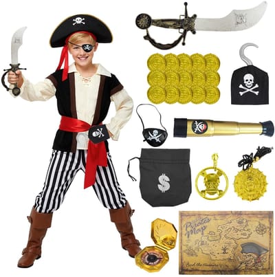 Dailygoods- Piratenkostuum 5-delig - Piratenkostuum Kind - Verkleedkostuum - Piratenaccessoires 28 stuks - Rollenspelkostuum - Halloween/Kinderverjaardag