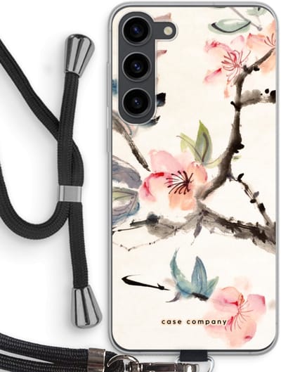 Case Company® - Hoesje met koord geschikt voor Samsung Galaxy S23 Plus hoesje met Koord - Japanse bloemen - Telefoonhoesje met Zwart Koord - Bescherming aan alle Kanten en Over de Schermrand