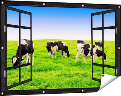 Gards Tuinposter Doorkijk Kudde Koeien in de Wei - Hemel Blauwe Lucht - 120x80 cm - Tuindoek - Tuindecoratie - Wanddecoratie buiten - Tuinschilderij