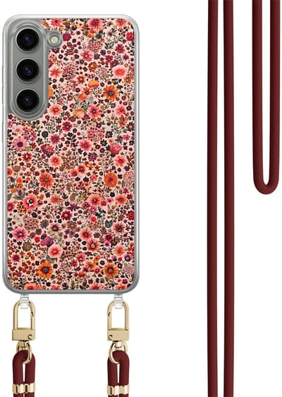Hoesje met koord geschikt voor Samsung Galaxy S23 - Vintage floral - Inclusief Rood koord - Crossbody beschermhoes - Transparant, Roze - Mooie Telefoonhoesjes